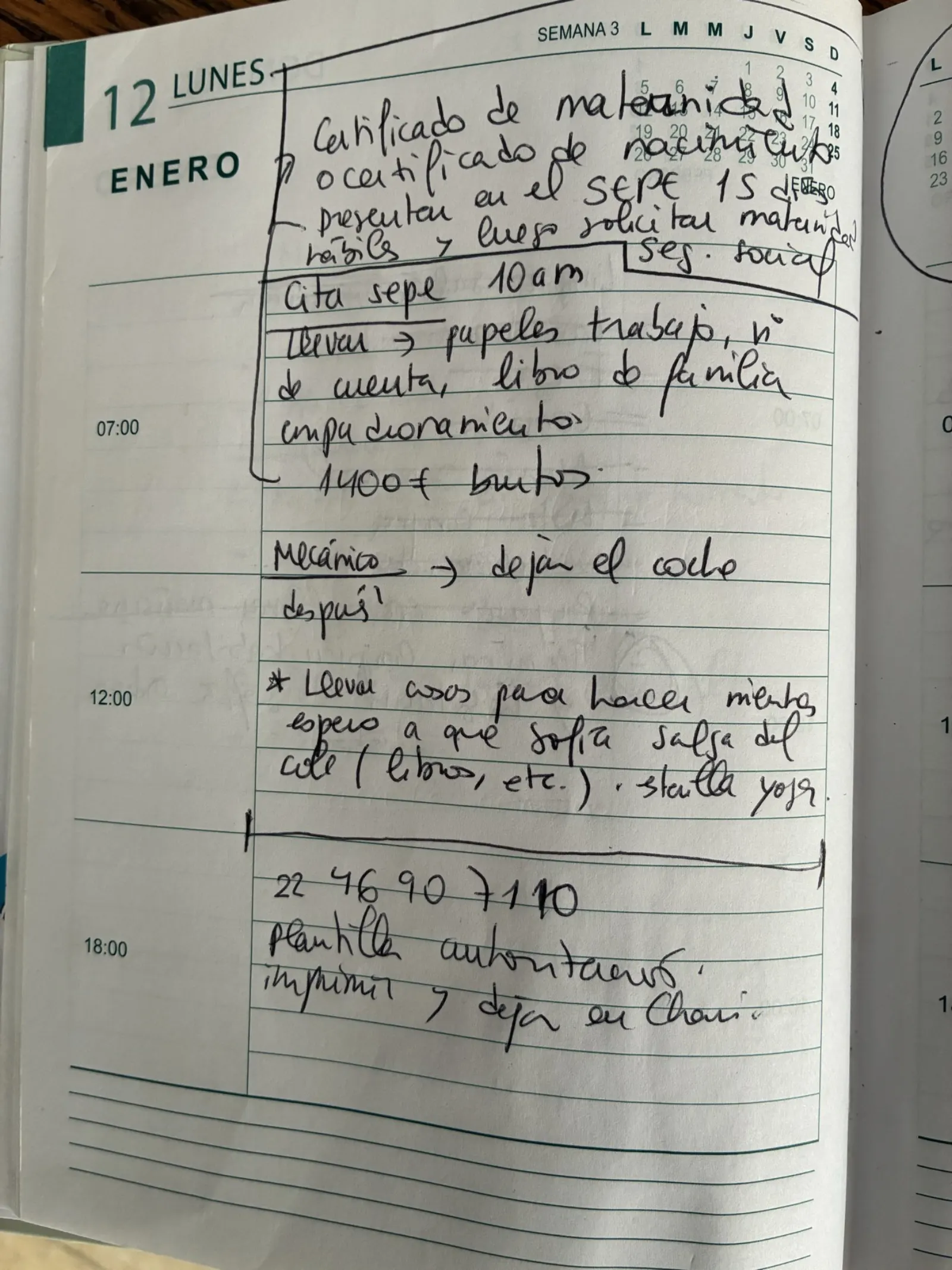 Spanish handwritten diary — SEPE maternity paperwork checklist